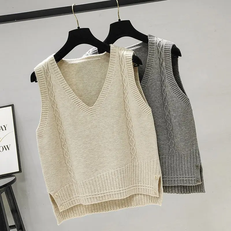 

2023 New Women Knitted Sweaters Vests Spring and Autumn Female V Neck Sleeveless Twist Knitwear Loose Pullover Tops T493