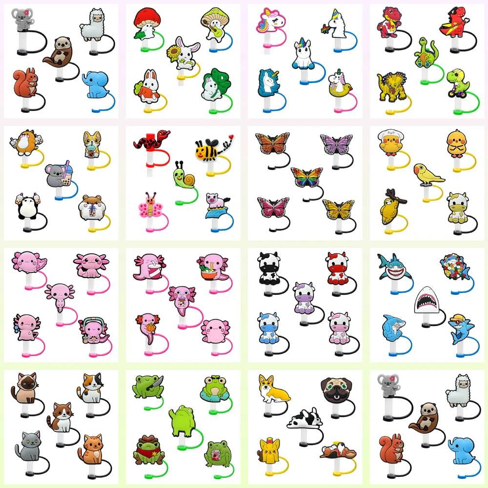 Silicone Cute Animals Straw Caps 8mm Pink Salamander Cats Butterfly Straw Toppers Cover Tumbler Cup Accessories Dust-proof 5pcs