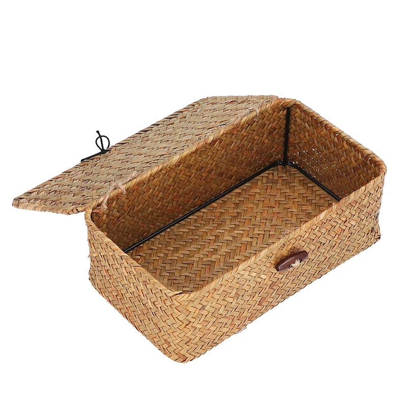 Woven Storage Baskets Rectangular Wicker Storage with Lid Woven Storage Box Woven Natural Reed Storage Basket for Bookshelves De 5
