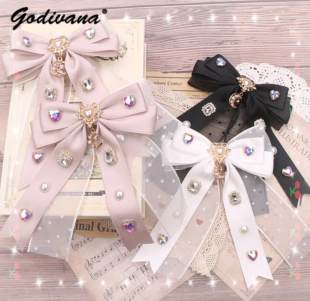 Hand-Made Hair Clips Japanese Style Sweet Cute Dot Yarn Stitching Rhinestone Pendant Bow Barrettes Jewelry Headdress Hairpin 25pcs high quality new white hand made foot jewelry tag necklace paper card fashion display jewelry set cards jewelry packaging