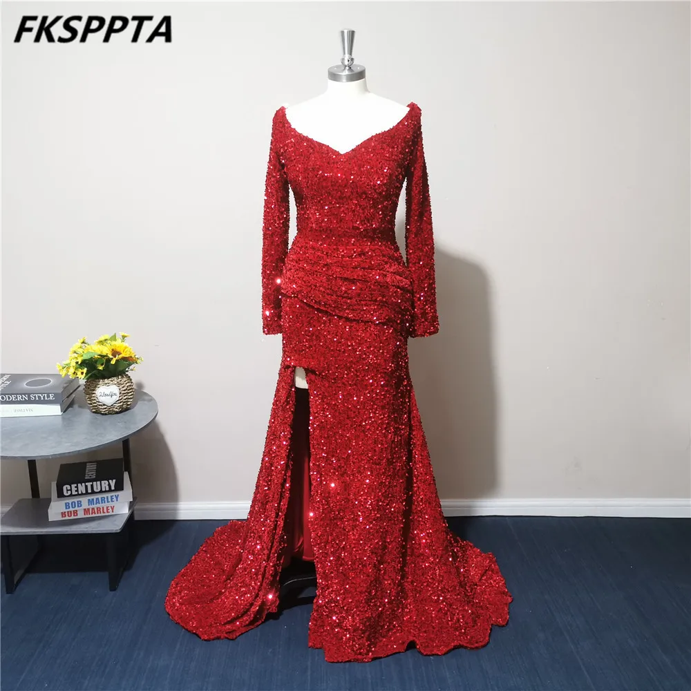 

Mermaid Burgundy Long Evening Dress With Full Sleeves Side Slit Pleats Elastic Sequins Women Formal Gowns For Wedding Party