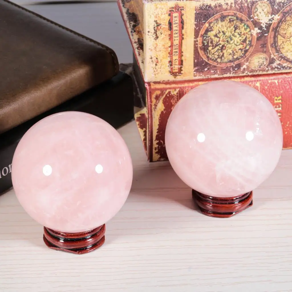 TUMBEELLUWA Natural Rose Quartz Sphere Sculpture Figurine Healing Crystal Ball With Wood Stand For Home Decoration