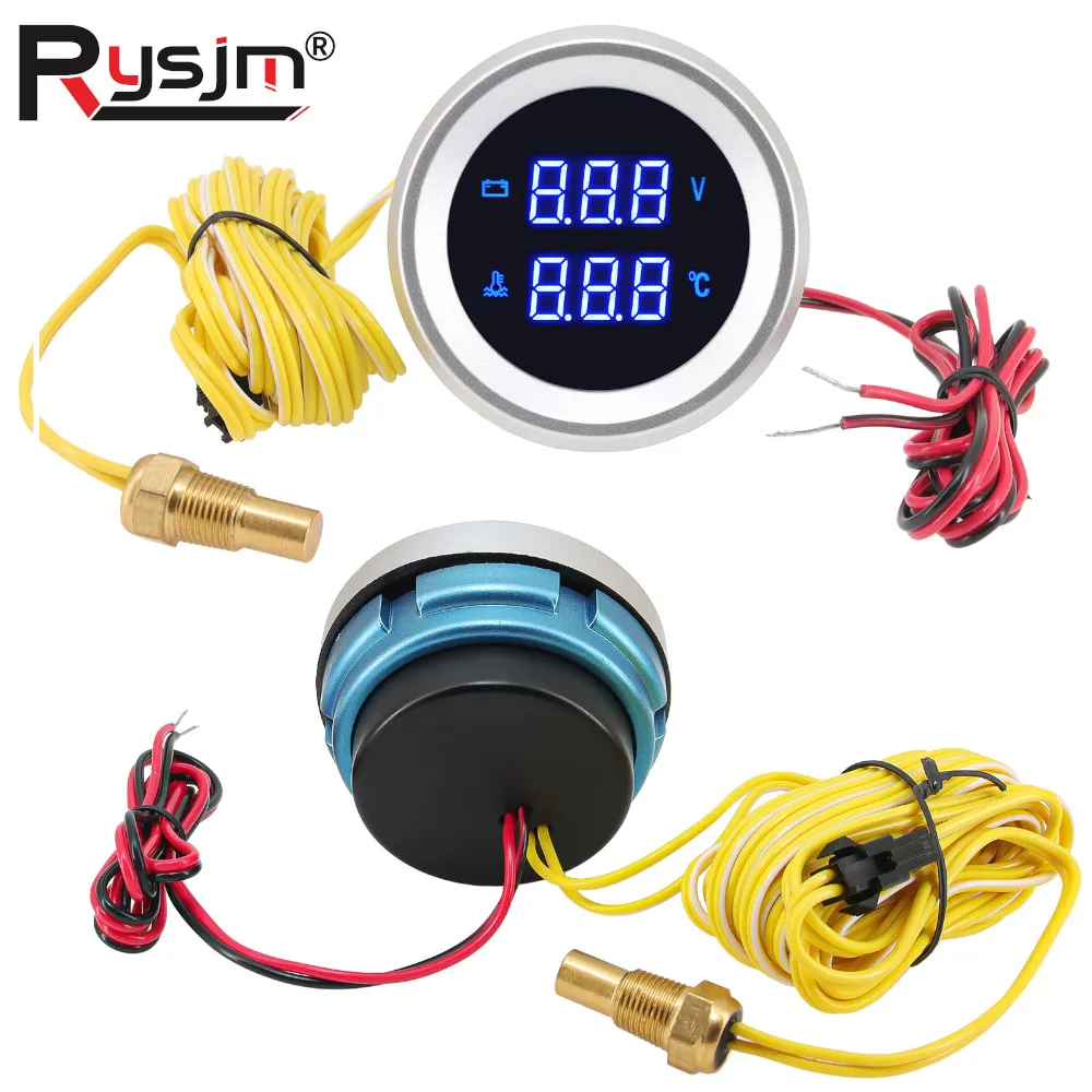 12V/24V 52MM 수온계 전압계 2 in 1 디지털 디스플레이 블루 LED 자동차 트럭 자동 게이지 미터 (온도 센서 10mm 포함)