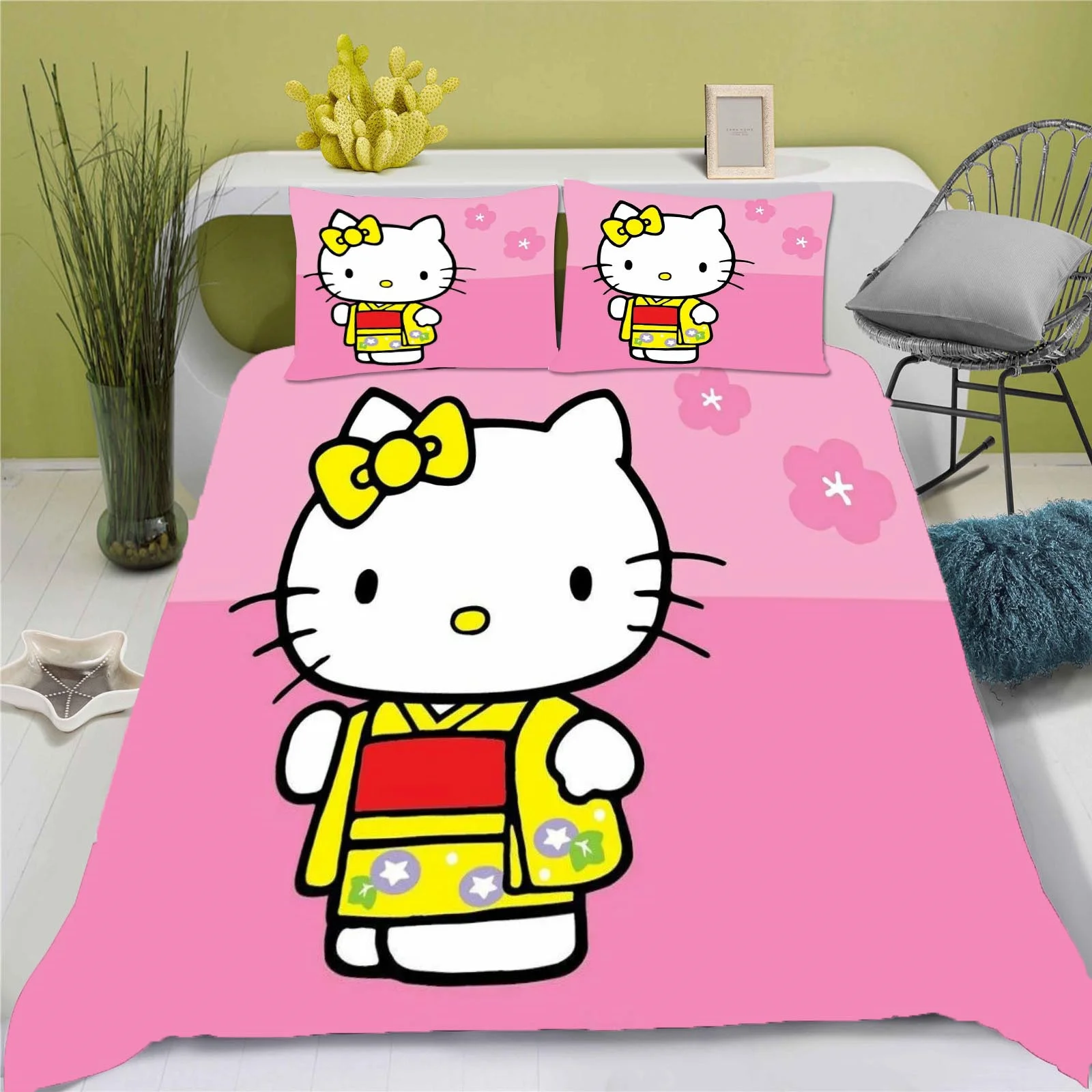子供と大人のためのハローキティの寝具セット,3D羽毛布団カバー,漫画