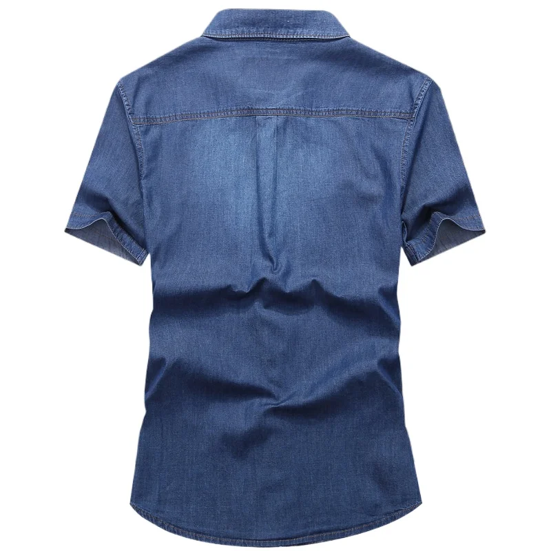Men Multi pockets Blue Denim Shirts Summer Male Short Sleeve Tooling Shirts Men Cotton Casual Jeans 4XL