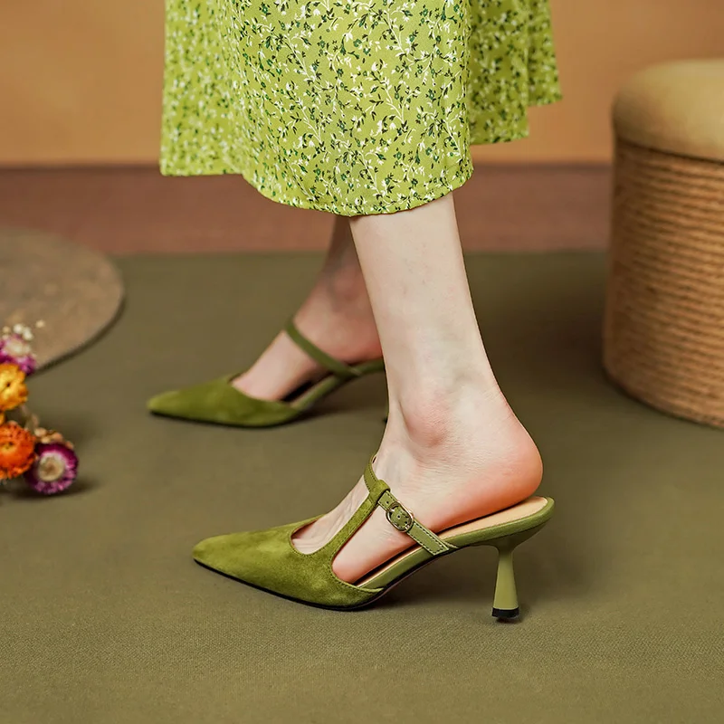 

Woman Shoes Closed Toe Retro Sandals Real Leather Elegant Ladies Summer Shoes On Heel 7 CMNew Spring Atumn Mules French Style