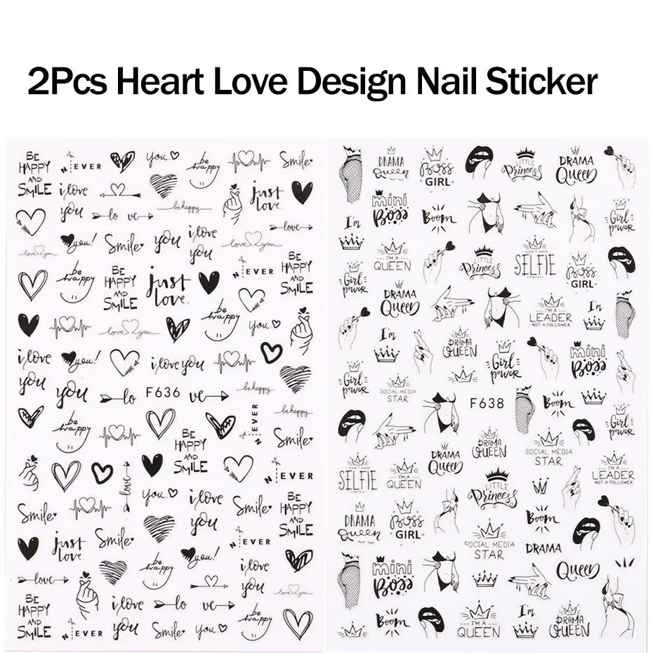 2pcs Heart Love Design 3D Nail Art Stickers English Letter Cool Girl Face Sliders Valentine Day Manicure 6