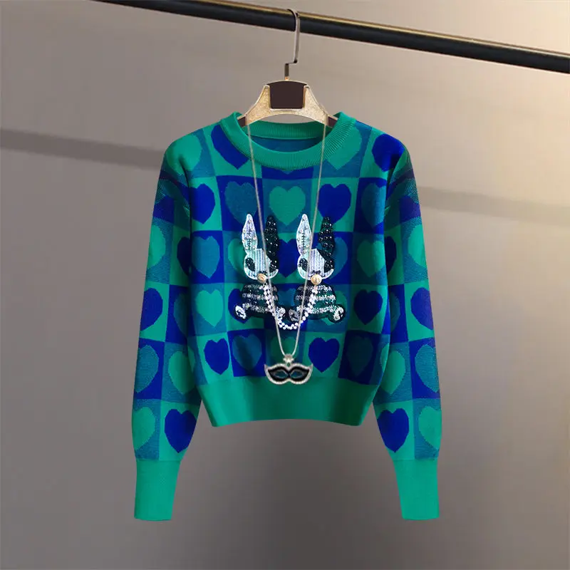 

Xiaoxiangfeng Autumn Spring O Neck Heavy Industry Diamond Inlaid Rabbit Sweater Women Patchwork Knitwear Pullovers X711