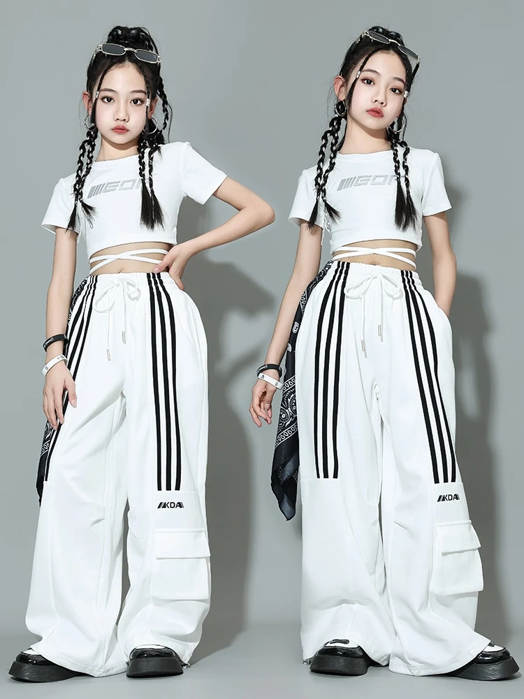 Kids Hip Hop Dance Clothes Girls White Tops Pants Jazz Practice Clothing Summer Short Sleeves Street Dance Outfit Rave BL12589