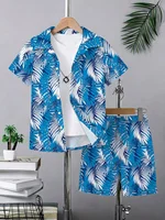 Chemise à manches courtes à col boutonné pour enfants, motif cocotier, style hawaïen, pour les vacances à la plage, été, + shorts, vêtements pour garçons 4