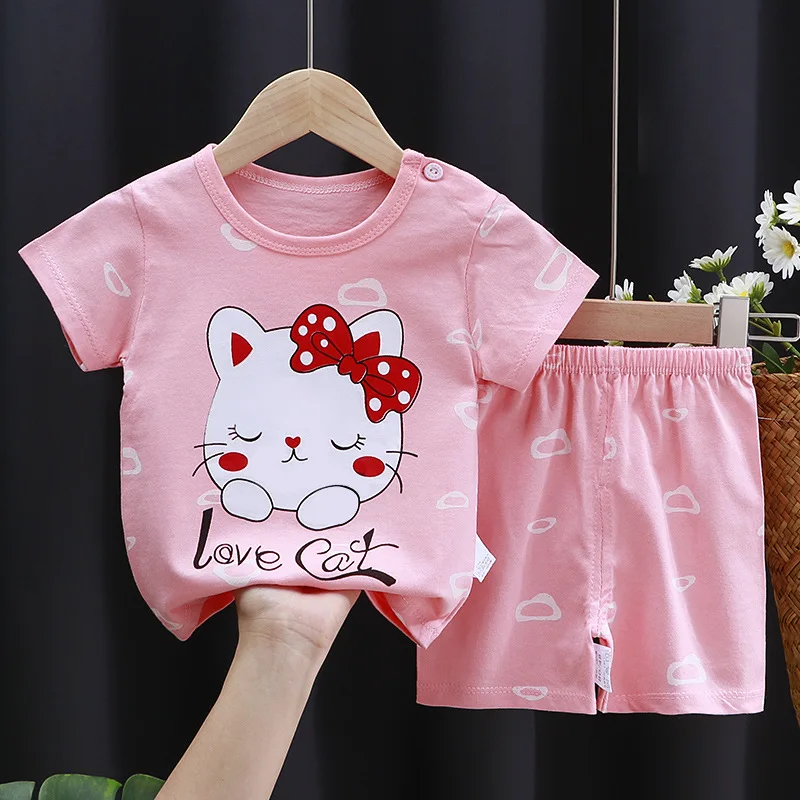 Girls Clothes Sets Infant Kids Sweet Tops Suit Summer Boys Short-Sleeved T-Shirt Shorts 2Piece New Baby Cute Cartoon Outfit 1