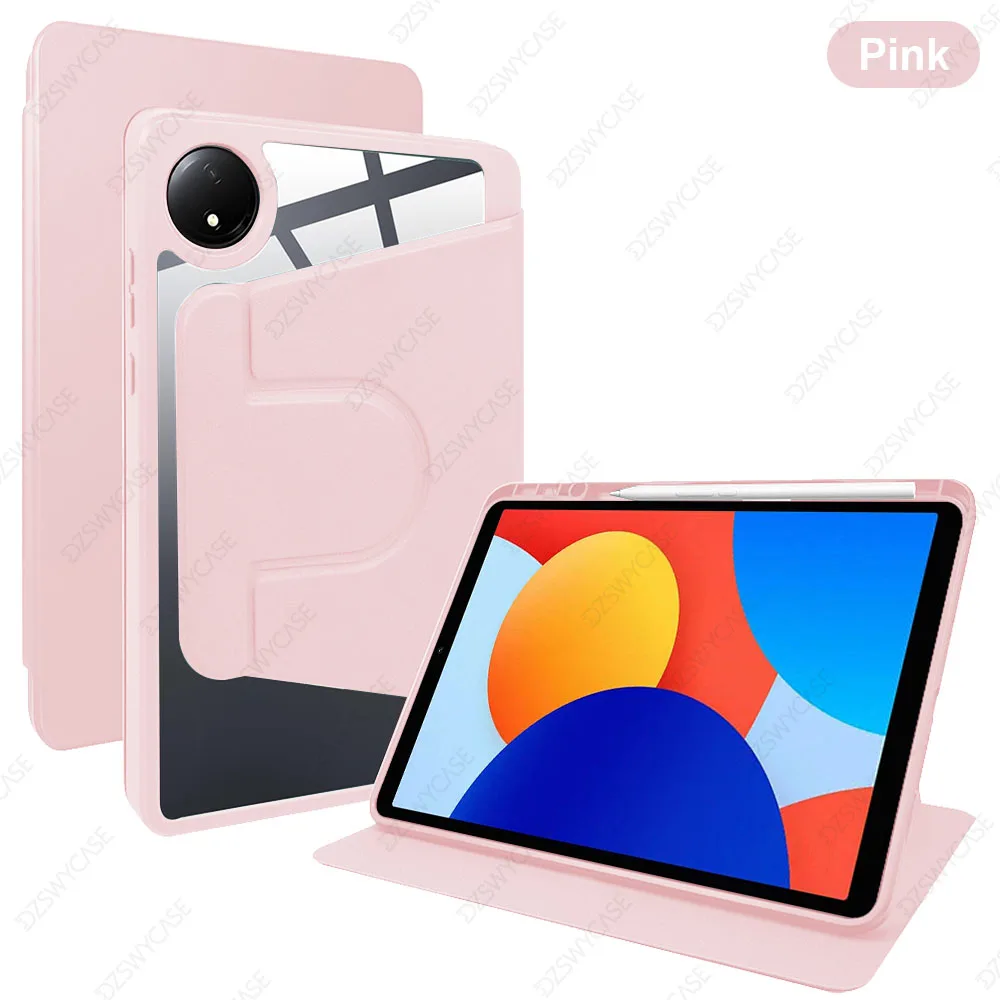 Enhanced Tablet Case with Pencil Holder, 360° Rotating Stand, Transparent Acrylic Cover, Auto Wake/Sleep Function