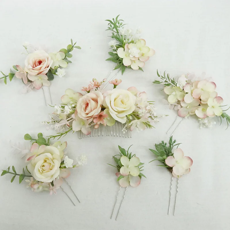 Pink Artifical Rose Flower Headwear with Comb Wedding Decoration Bride Hair Accessories