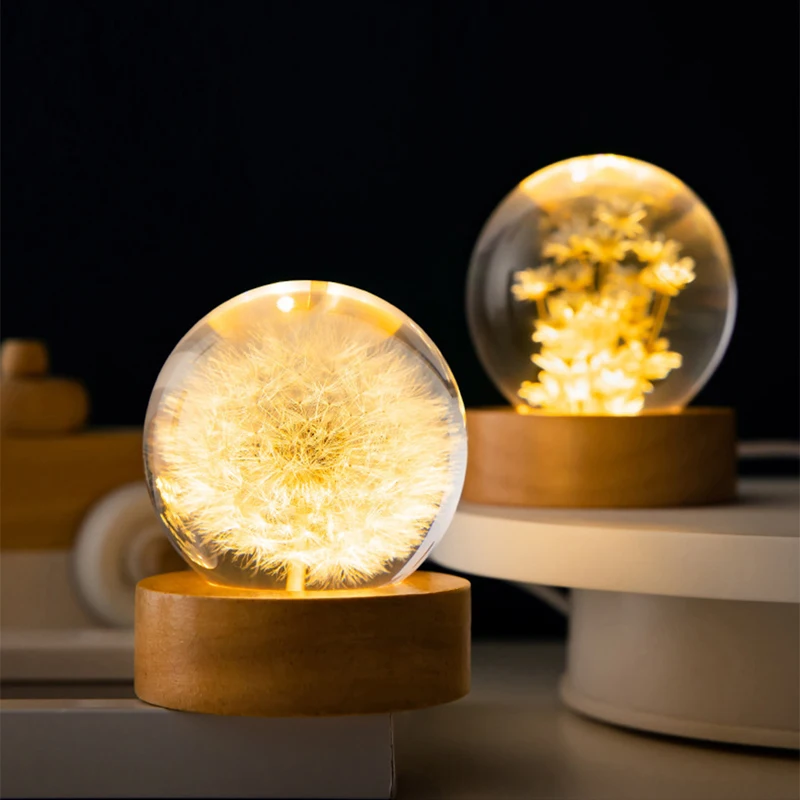 Crystal Ball 3D Dandelion 5cm 6cm Luminous Immortality Flower Gift with Wood Stand Base