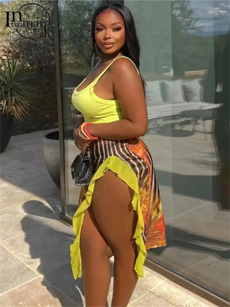 

Inwoman Summer Sexy Graphic Print Asymmetric Long Skirt For Women 2023 Panelled Side Slit Midi Skirt Irregular Slim Club Dress