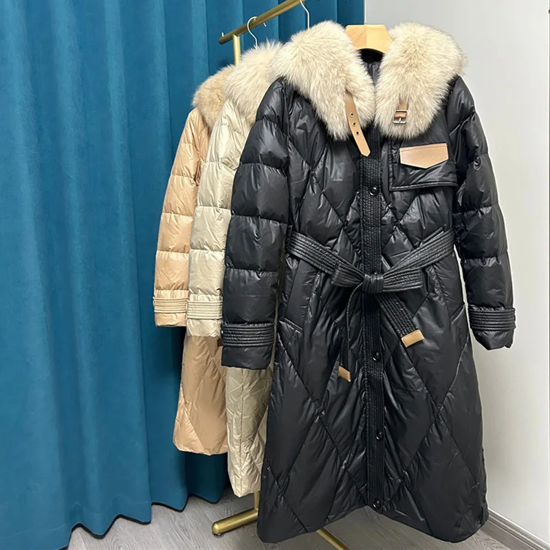 Down Jacket with White Duck Down Filling Long Sleeved Jacket Winter New Long Style Thickened Fox Fur Collar Jacket