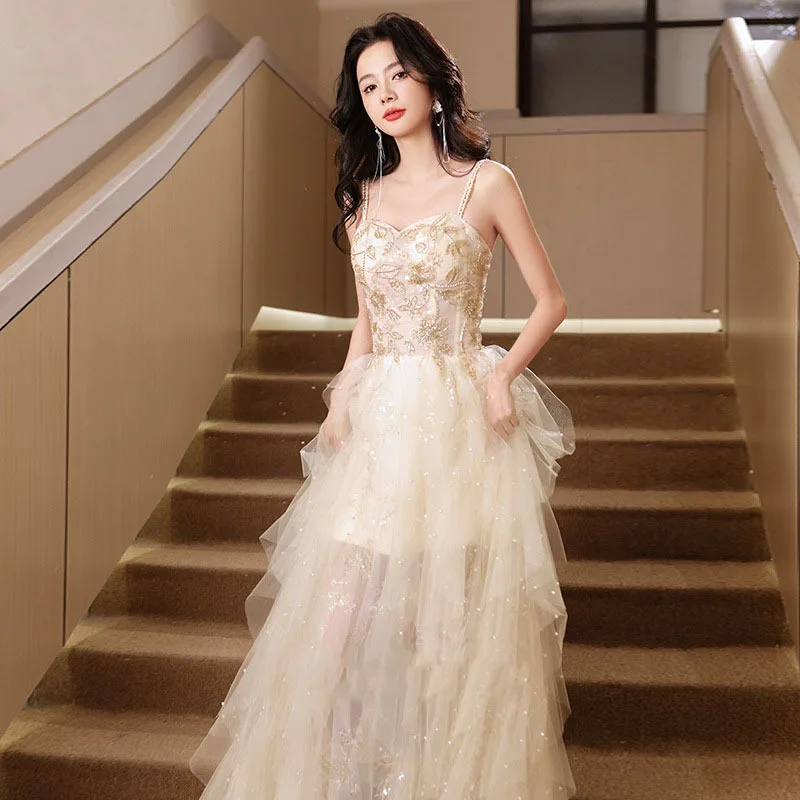 Suspender Champagne Evening Dress Women's French Suspender Bar Mitzvah Birthday Party Graduation Ceremony Wedding