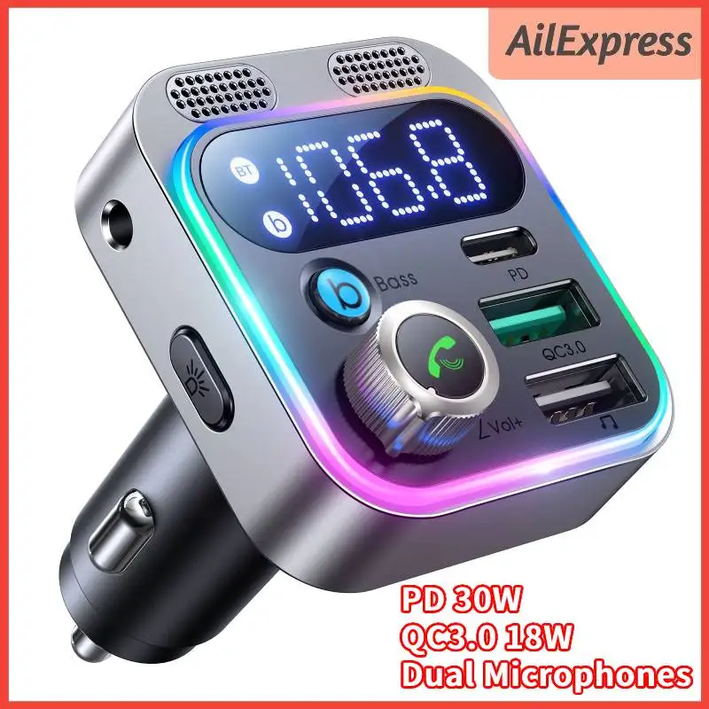 

Car Bluetooth5.0 FM Transmitter MP3 Player Stronger Dual Mics Deep Bass Sound 48W PD QC3.0 Car Charger Power Adapter for 12-24V
