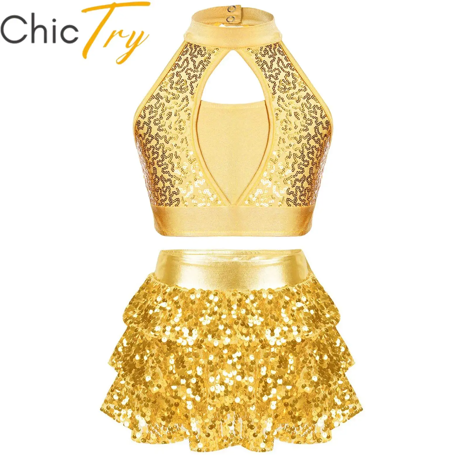 

Kids Girls Sequins Ballet Dance Sets Halter Neck Crop Tops with Tutu Ruffle Skirt Modern Latin Jazz Dancing Performance Costume