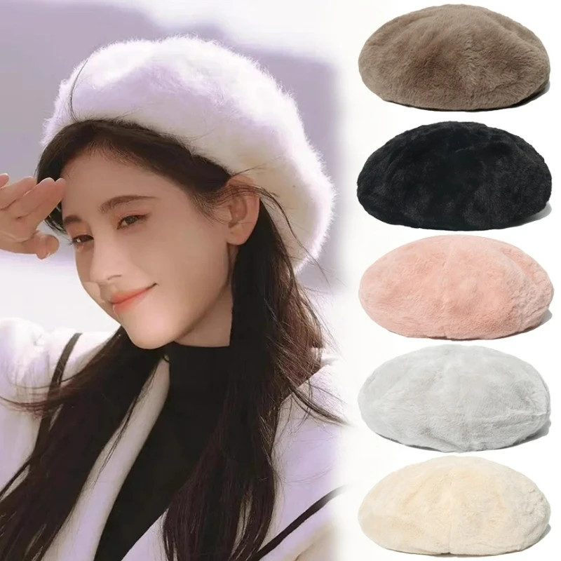 

Korean Fashion Women Plush Beret Hat Girls Autumn Winter Bonnet Hats Retro Faux Rabbit Fur Berets Elegant British Painter Cap