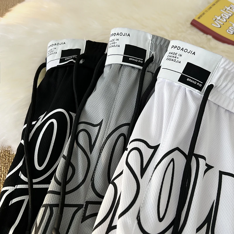 Tide Basketball Shorts Men's Summer Thin Ice Silk Baggy Sweatpants Casual Beach Pants Hip-Hop Street Shorts Male Clothes
