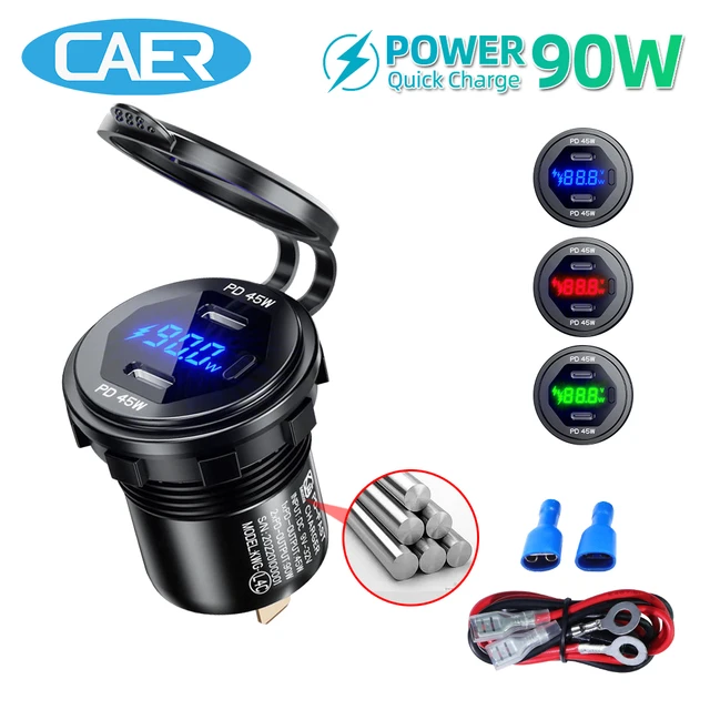 12/24V Aluminium Metall 90W QC 3,0 Dual USB Auto Motor Ladegerät Schnell  ladung 4,0 pd Typ C wasserdichte Steckdose mit Voltmeter-Schalter -  AliExpress