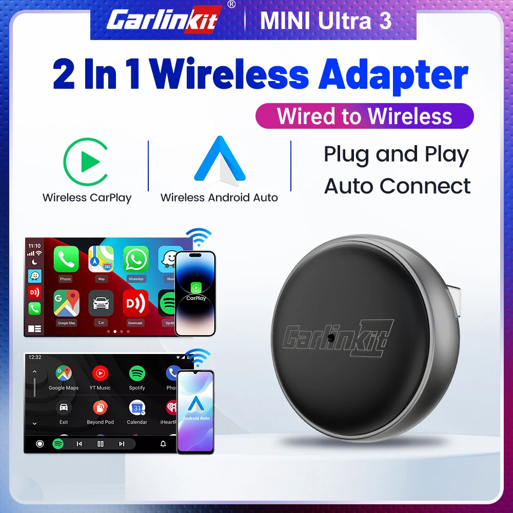 CarlinKit – boîtier CarPlay sans fil Mini Ultra 3, adaptateur filaire vers sans fil, USB Plug and Play, Wifi, Bluetooth, connexion automatique rapide