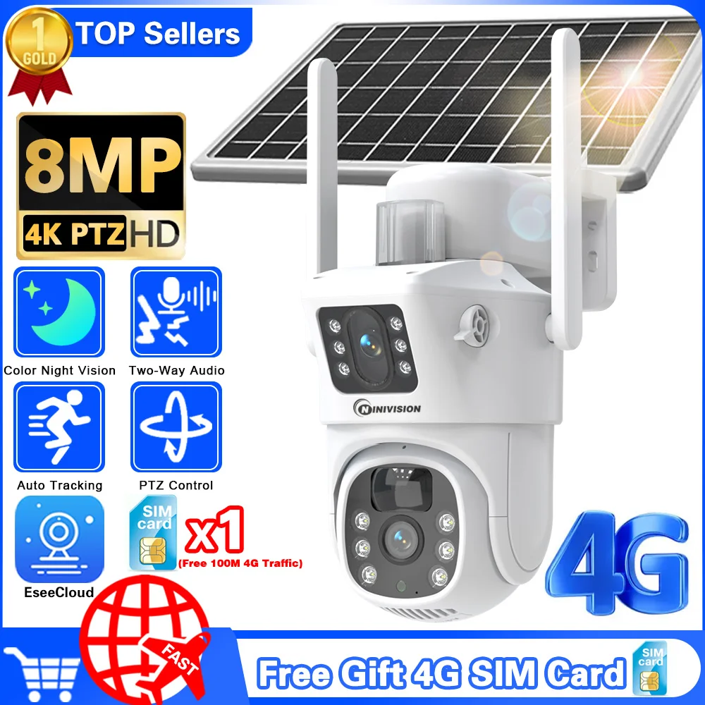4K 8Mp 4G Sim Card Batteria Fotocamera Pir Motion Cam Auto Tracking Audio A 2 Vie Telecamere Di Sicurezza Per Esterni Con Pannello Solare Sim Ca Gratu