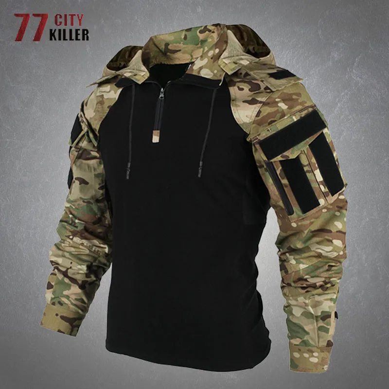 

Tactical Camouflage Hooded T-Shirts Mens Wear-resistant Waterproof Combat Long Sleeve T Shirt Outdoor Camping Hunting Tops Male