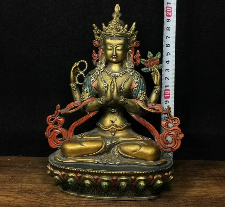 Tibet Buddhism Bronze Brass Louts 4 arms Chenrezig Buddha Statue Sculpture Q 2