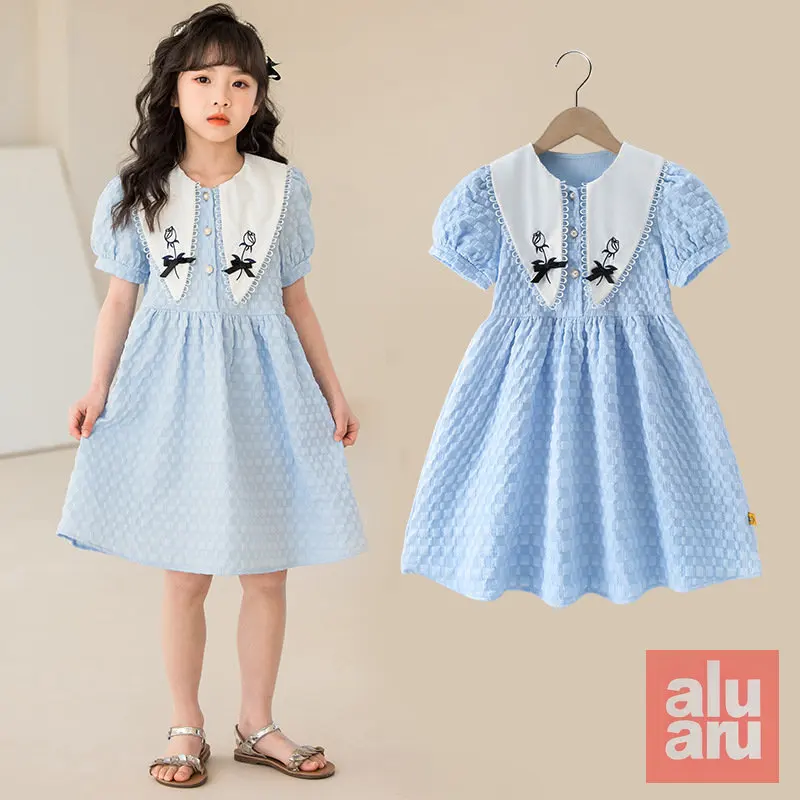 

Girls' Summer Dress New Korean Version of Solid Color Small Check Fashion Big Child Dress Girl Fresh Princess Dress