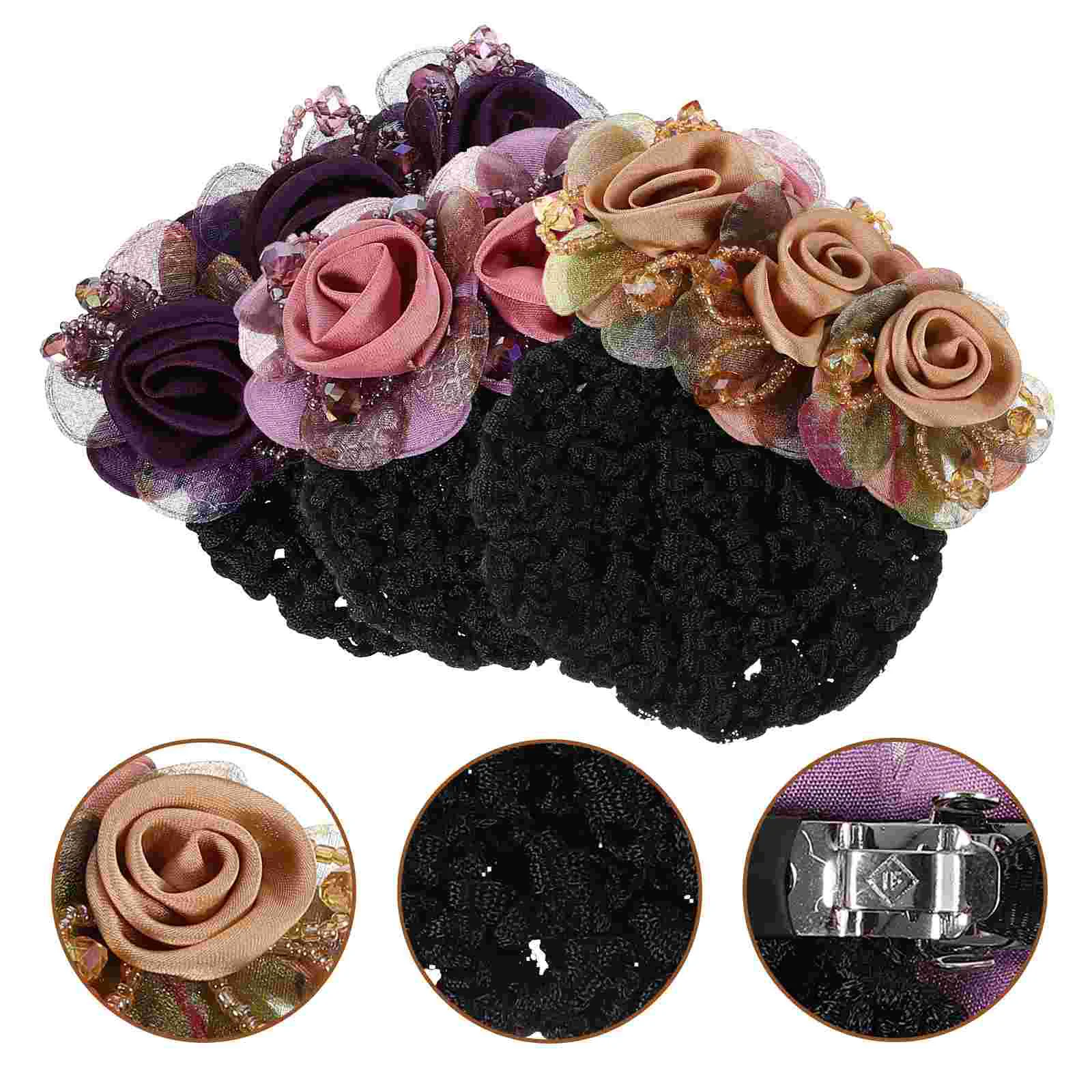 

3 Pcs Fabric Silk Yarn Simple Flower Net Pocket Head Top Clip Hair Pins One-word (red Thick Mesh) Bun for Hairpin