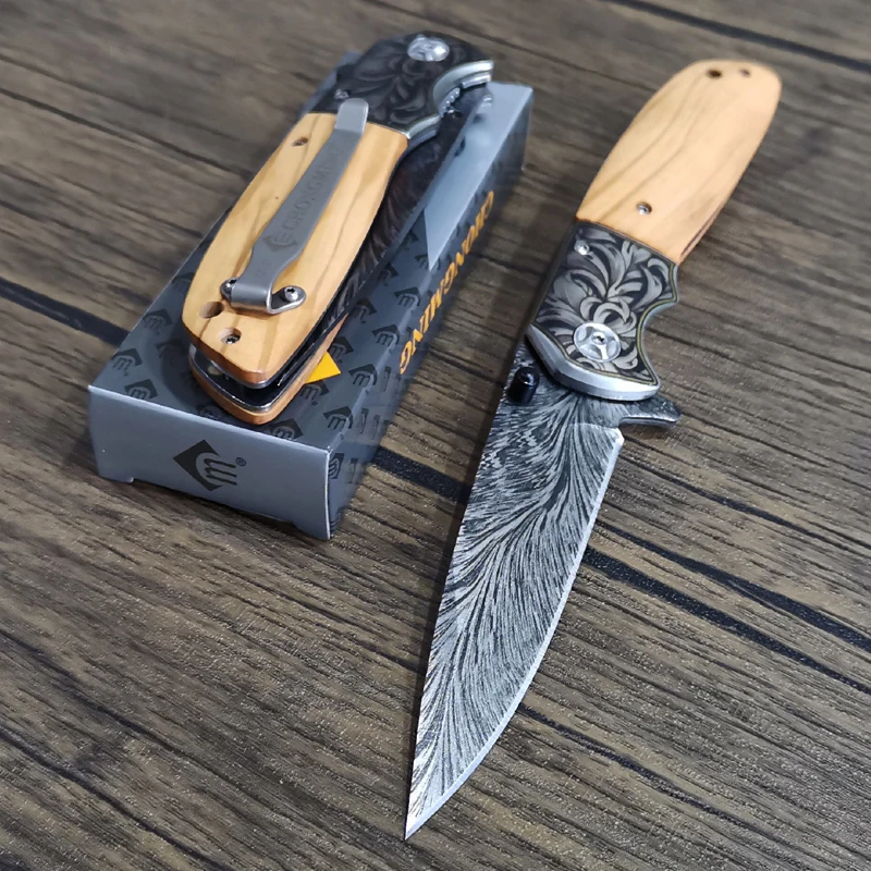 

Damascus Steel Knife Quick Open Folding Blade Knife 440C Wood Handle Pocket Folding Knife Camping Hunting Survival Knives