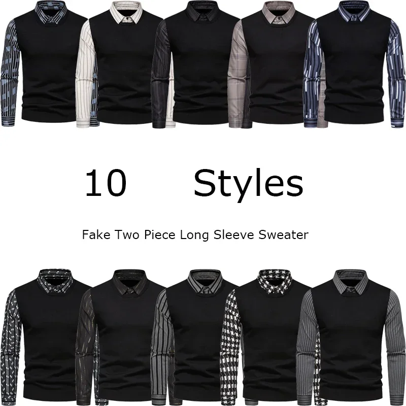 New Autumn and Winter Men's Polo Collar Fake Two Piece Long Sleeve Sweater Multi Style Printing Slim Fit and Warm Men Clothing