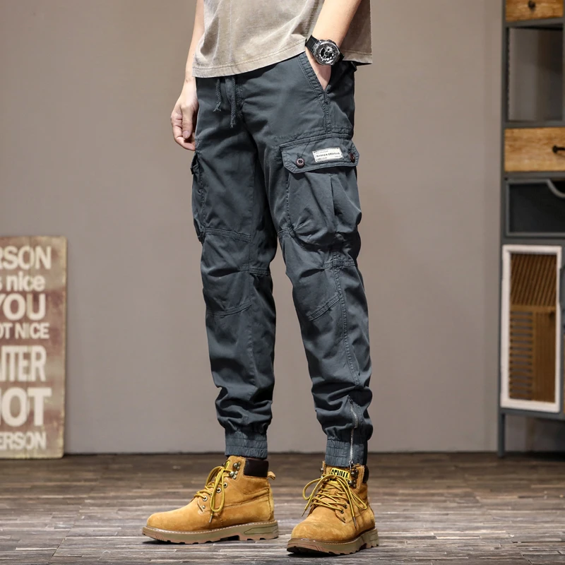 Spring Summer Solid Color Cargo Pants Men's Slim Fit Jogger Multi-Pocket Outdoor Hiking Climbing Sports Casual Long Pants