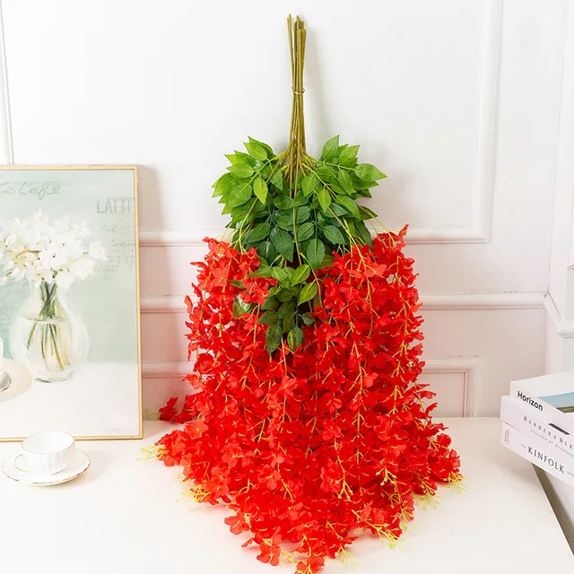 Artificial Plant Wisteria Flower Wall Hanging Rattan Decoration Home Hotel Garden Hall Decoration Wedding Scene Ceiling Pendant Encrypted red