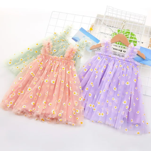 1-6Y Toddler Dress Kids Girls Party 2024 Summer Sleeveless Daisy Floral Tutu Dress Layered Tulle Dress Princess Birthday Dresses 1