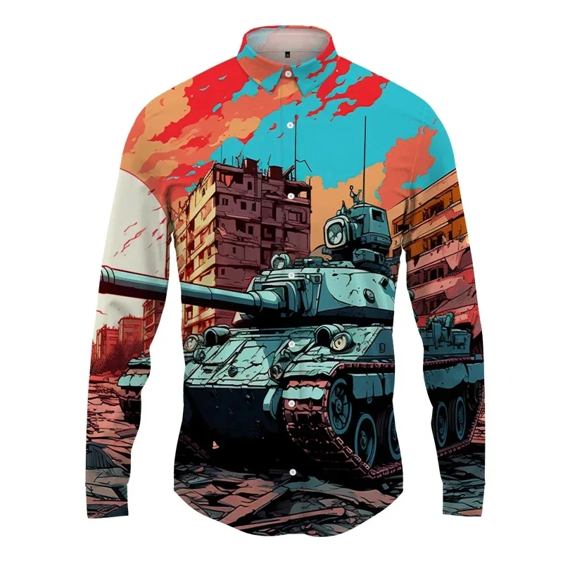 thumbnail image 1 of Camisa con estampado 3D de tanque para hombre y mujer, camisa informal de manga larga a la moda, ropa de calle con botones, ropa unisex de gran tamaño, 1 of 5