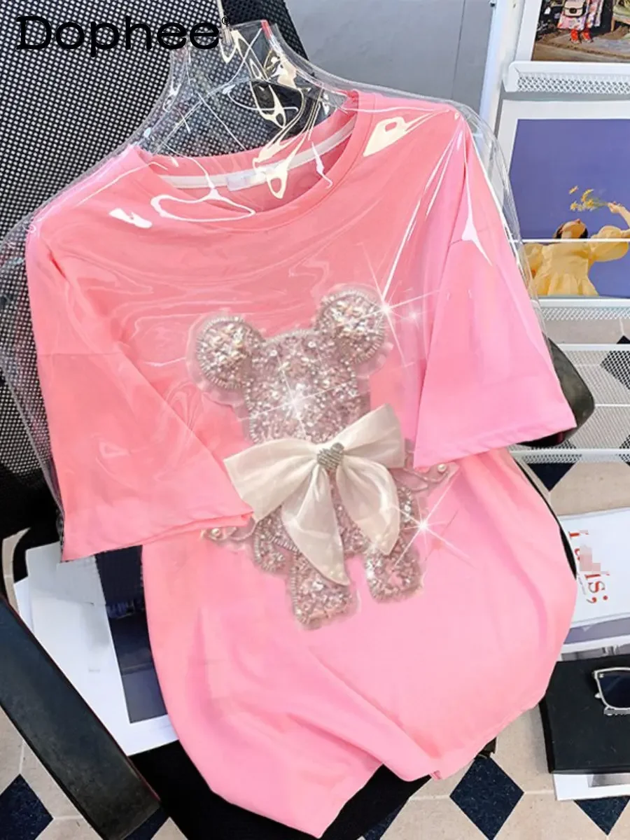Sweet Pink Cotton T-shirt Heavy Handmade Diomand Shiny Bowknot Bear Cartoon Graphic T Shirt Summer Tees Top Accessories Clothes
