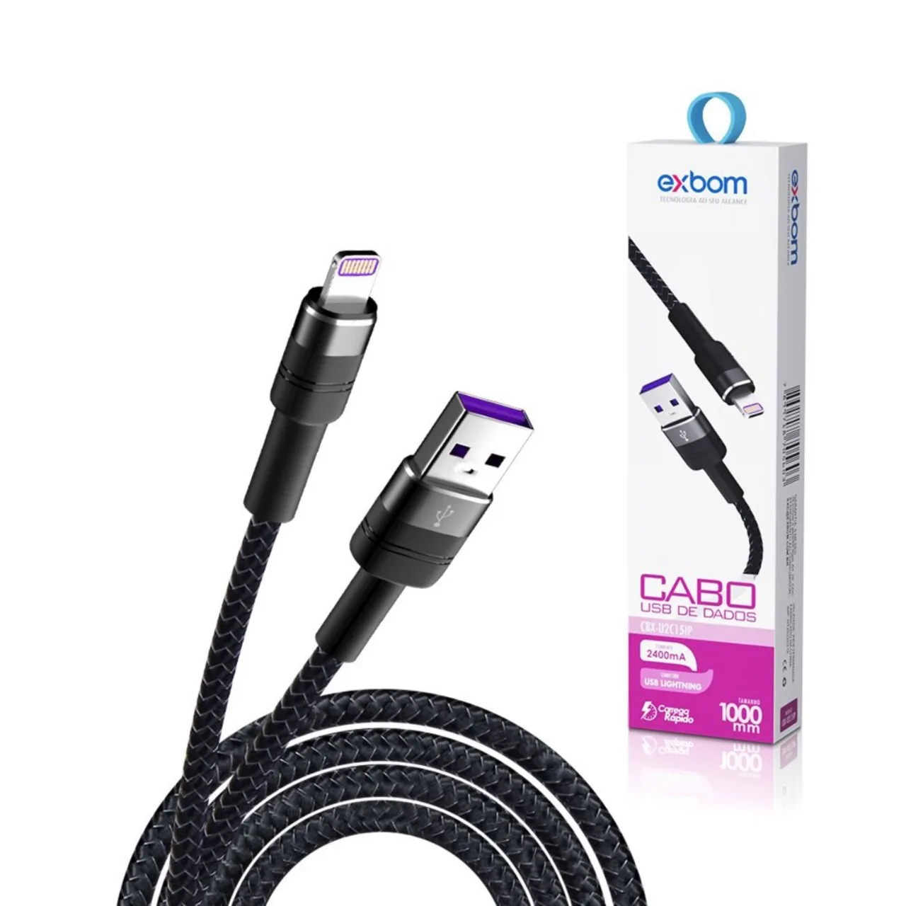 Câble USB Lightning 2,4a Turbo 1 Metro en aluminium pour données et chargement, Exbom - CBX-U2C15IP