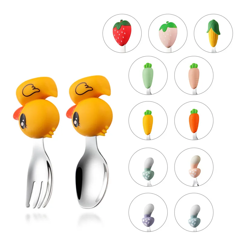 304 Stainless Steel Children's Tableware Baby Learning Eat Prevent Scalding Falling Practice Auxiliary Food Spoon Baby Feeding Spoons