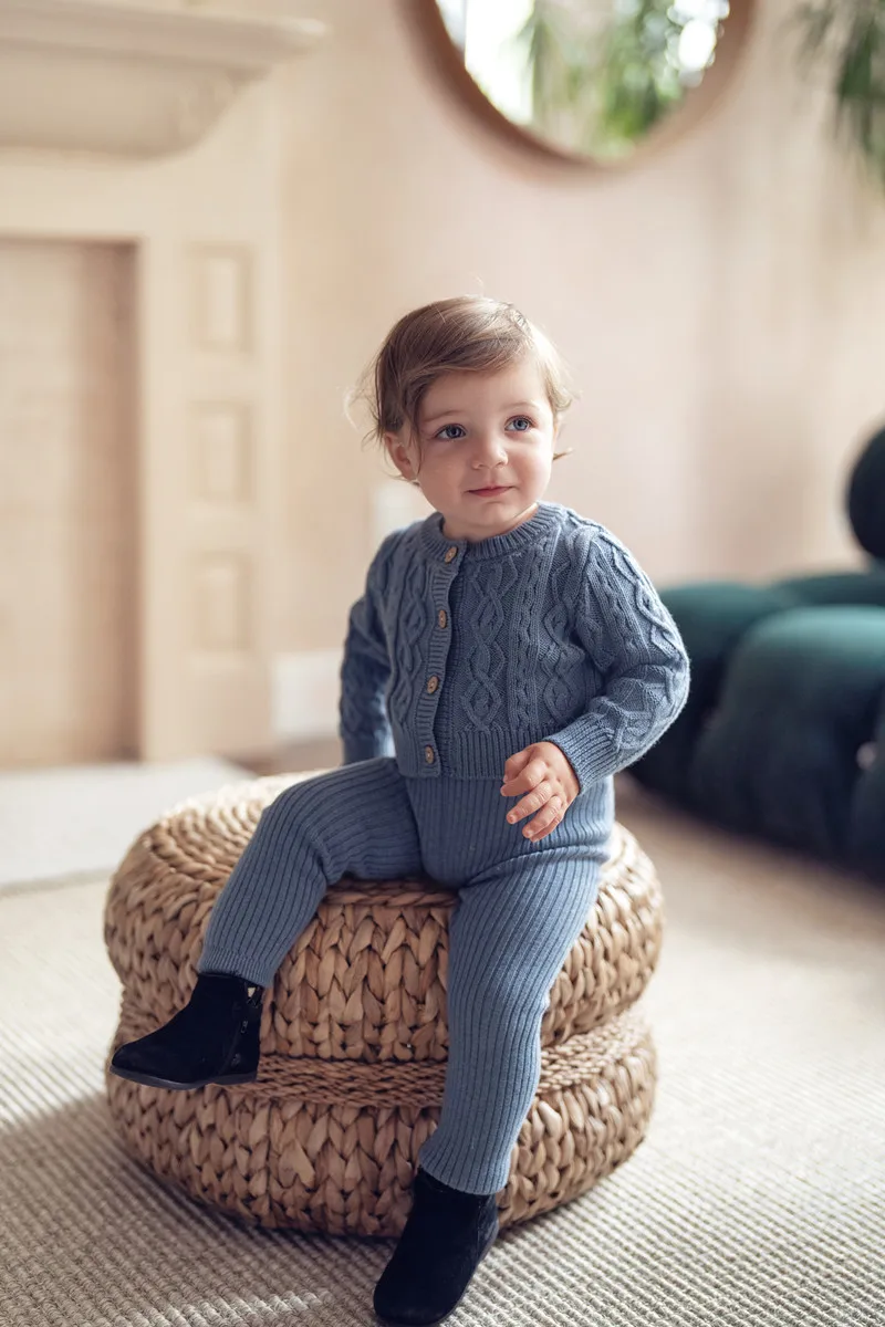 Blue Shabbos Collection: Soft Wool Knitted Family Matching Outfits in 100% Cotton with Grid Pattern