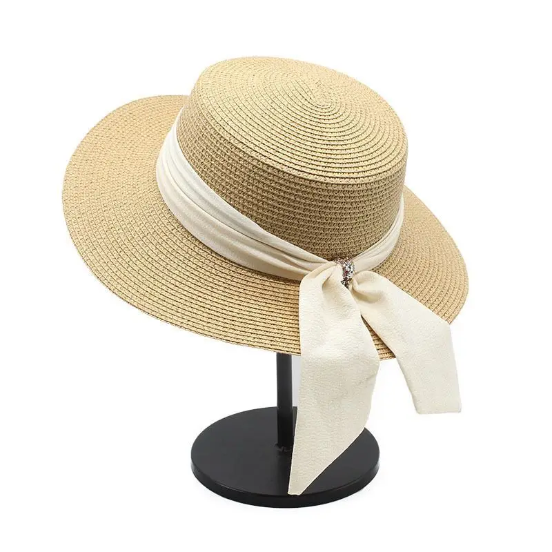

Women's Flat Top Temperament Bow Sun Hats French Elegant Straw Hat Panama Wide Brim Anti-UV Female Summer Beach Hat Gorras