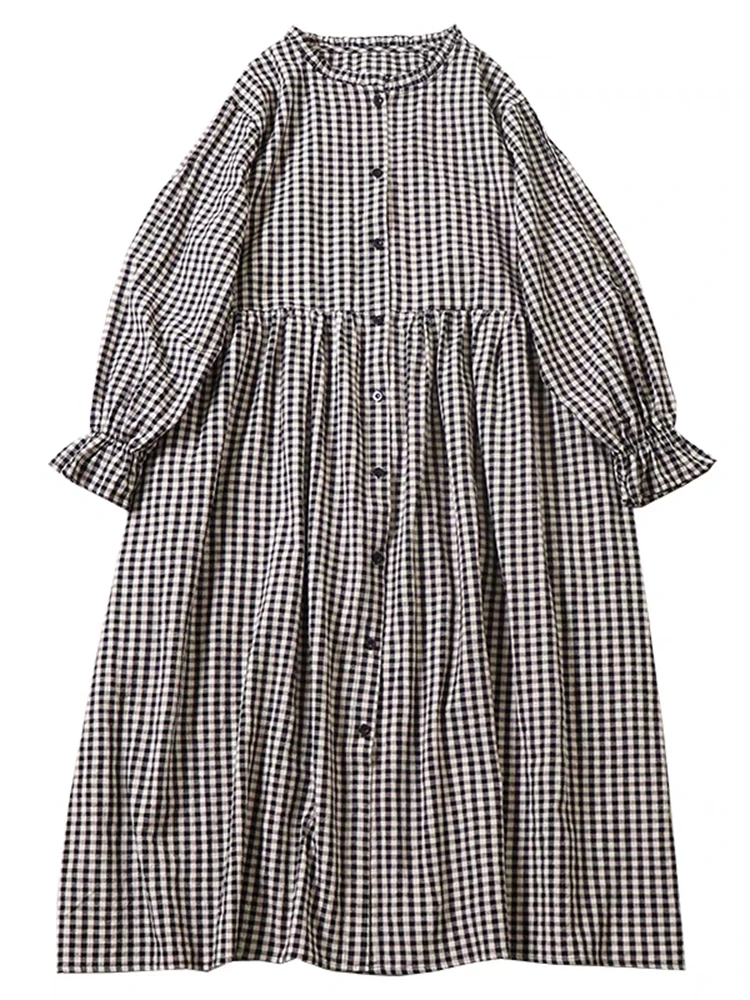 Autumn Cotton Plaid Flare Sleeve Vintage Dresses Women 2025 New Spring Casual Office Lady Work Dress Femme Robe Elegant Clothing