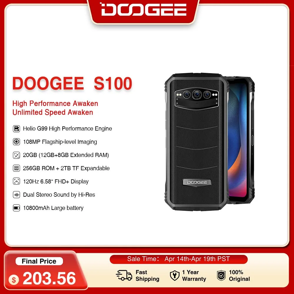 World Premiere DOOGEE S100 Rugged Phone 6.58" 108MP Camera Cellphone 12GB+256GB 120Hz Helio G99 10800mAh Battery 66W Fast Charge