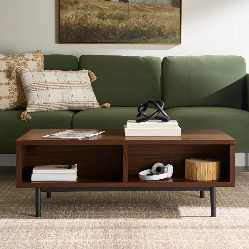Wyatt Geo Modern Rectangular Wood Coffee Table with Storage, Walnut Brown 2