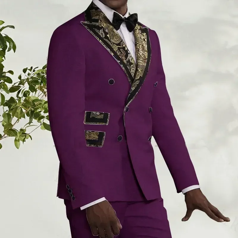 Men Yellow Floral Suits Double Breasted Slim Fit Wedding Business Tuxedo Groomsman (Jacket+Pants)