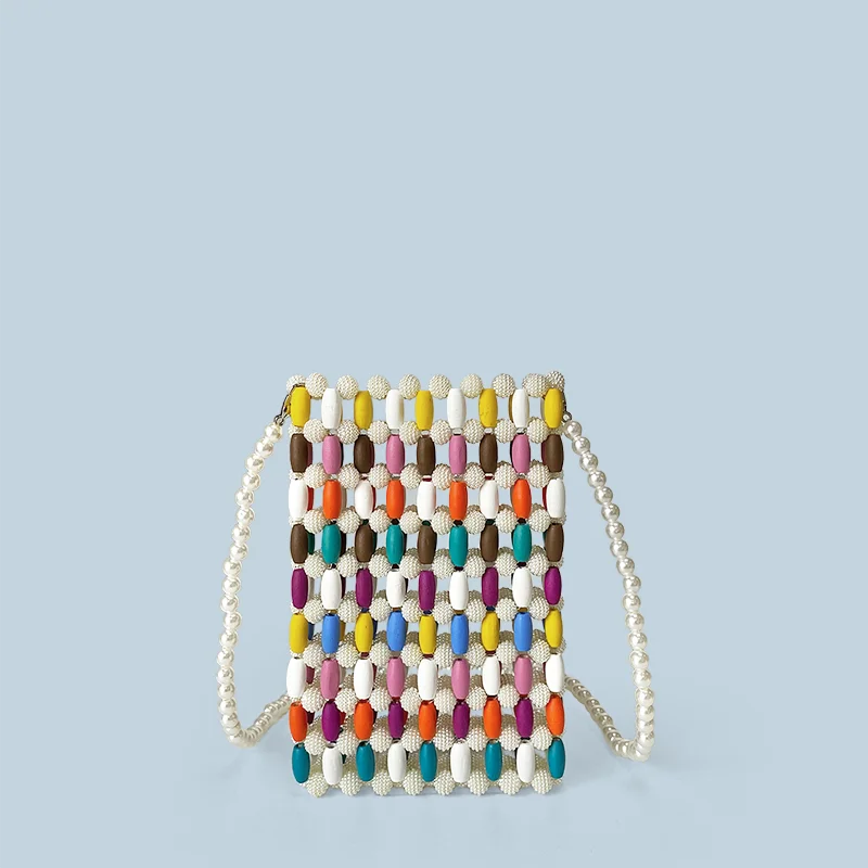 Colorful Wood Bead Splicing Mini Crossbody Phone Bag Vacation Style Leisure Handmade Bead Bag