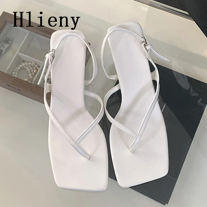 Hlieny 2024 Summer New Design Square Head Clip Toe Sandals Woman Fashion Buckle Strap Thin Low Heels Casual Ladies Shoes