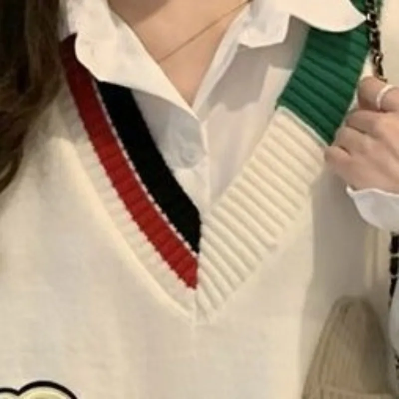 Autumn and Winter Women's Pullover V-neck Patchwork Letter Animal Loose Fashion Casual Elegant Commuter Sleeveless Vest Tops